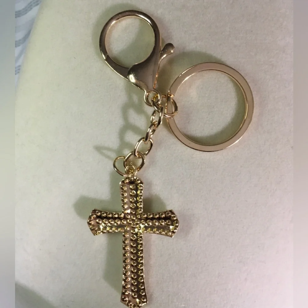 Gold Cross Keychain with Rhinestones NEW